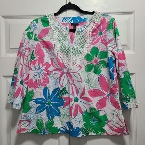 Talbots Tunic Top in Vibrant Floral Print Lace Bib Tunic-Anguilla‎ MP